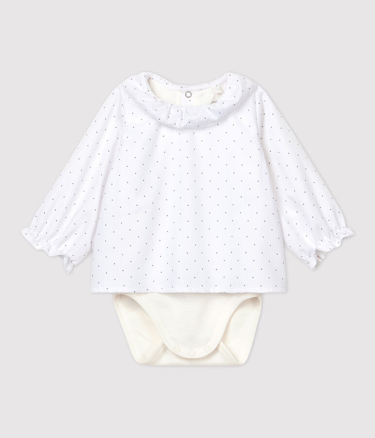 Lang&auml;rmeliger Baby-Body aus Bio-Baumwolltwill mit Kragen f&uuml;r M&auml;dchen weiss MARSHMALLOW/grau GRIS